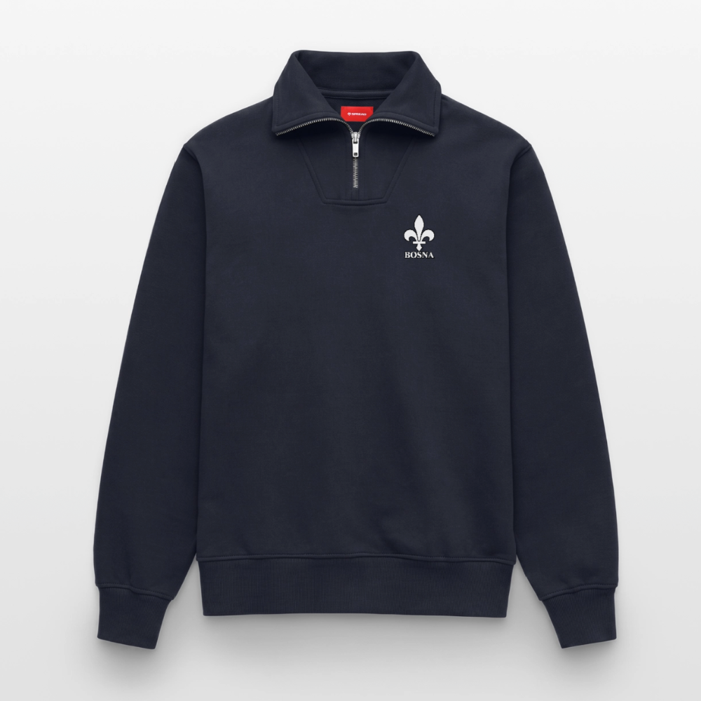 BOSNA Premium Organic Half-Zip Sweatshirt – SPREAD | Lilie auf Brust & Ärmeln - Navy