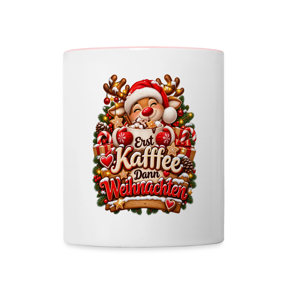Weihnachtstasse 🎄 Erst Kaffee, dann Weihnachten – Lustige Kaffeetasse 325 ml - Weiß/Pink