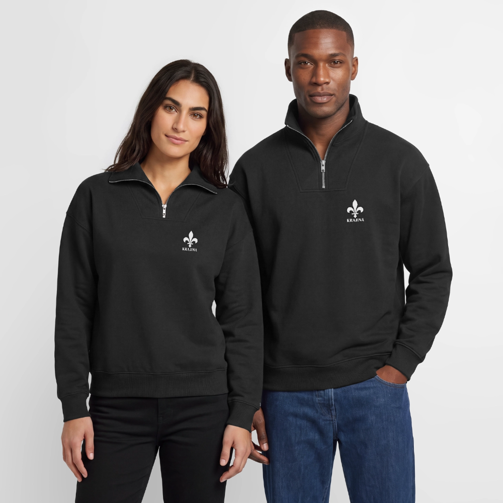 KRAJINA Premium Half-Zip Hoodie – Bosnische Lilie auf Brust & Ärmeln | SPREAD - Schwarz