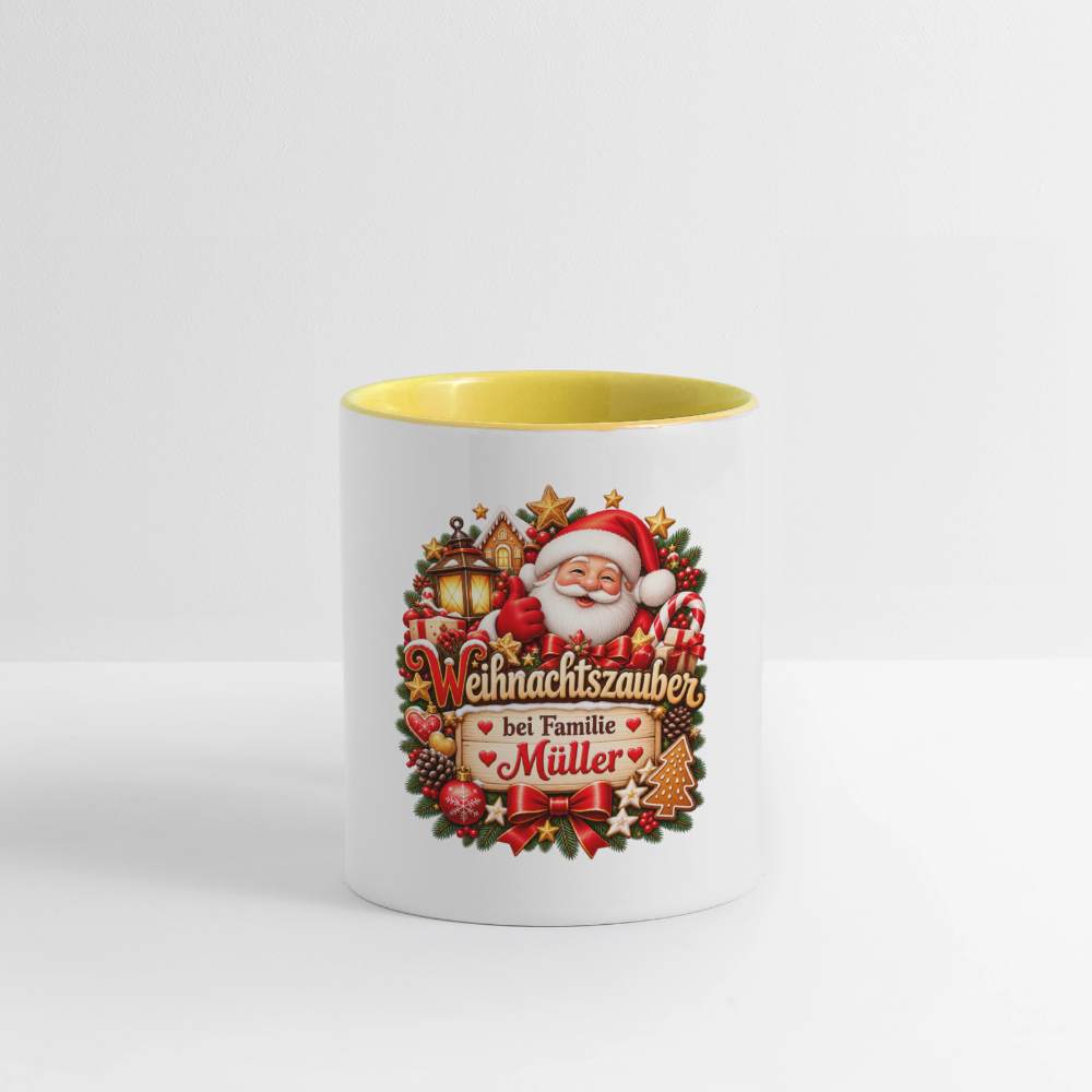 Weihnachtstasse 🎄 Weihnachtszauber bei Familie Müller – Tasse zweifarbig personalisiert - Weiß/Gelb