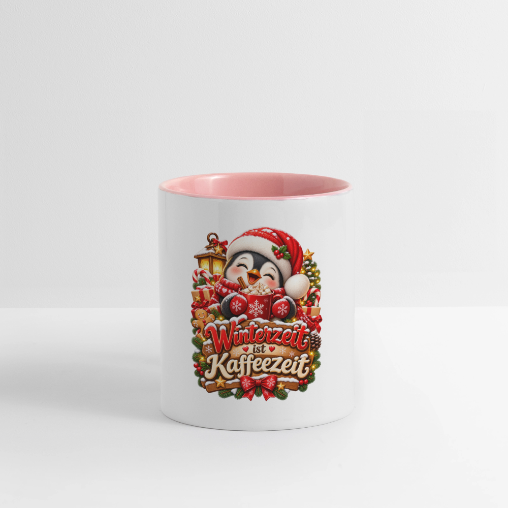 Wintertasse ❄️ Winterzeit ist Kaffeezeit – Süße Pinguin Kaffeetasse 325 ml - Weiß/Pink
