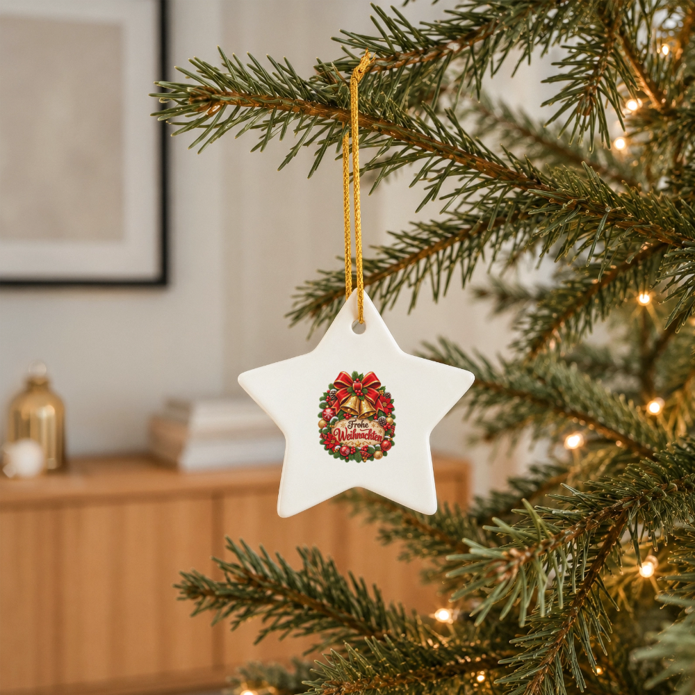 Keramik-Stern Weihnachtsanhänger – Frohe Weihnachten | Eleganter Christbaumschmuck mit Glocken - Weiß