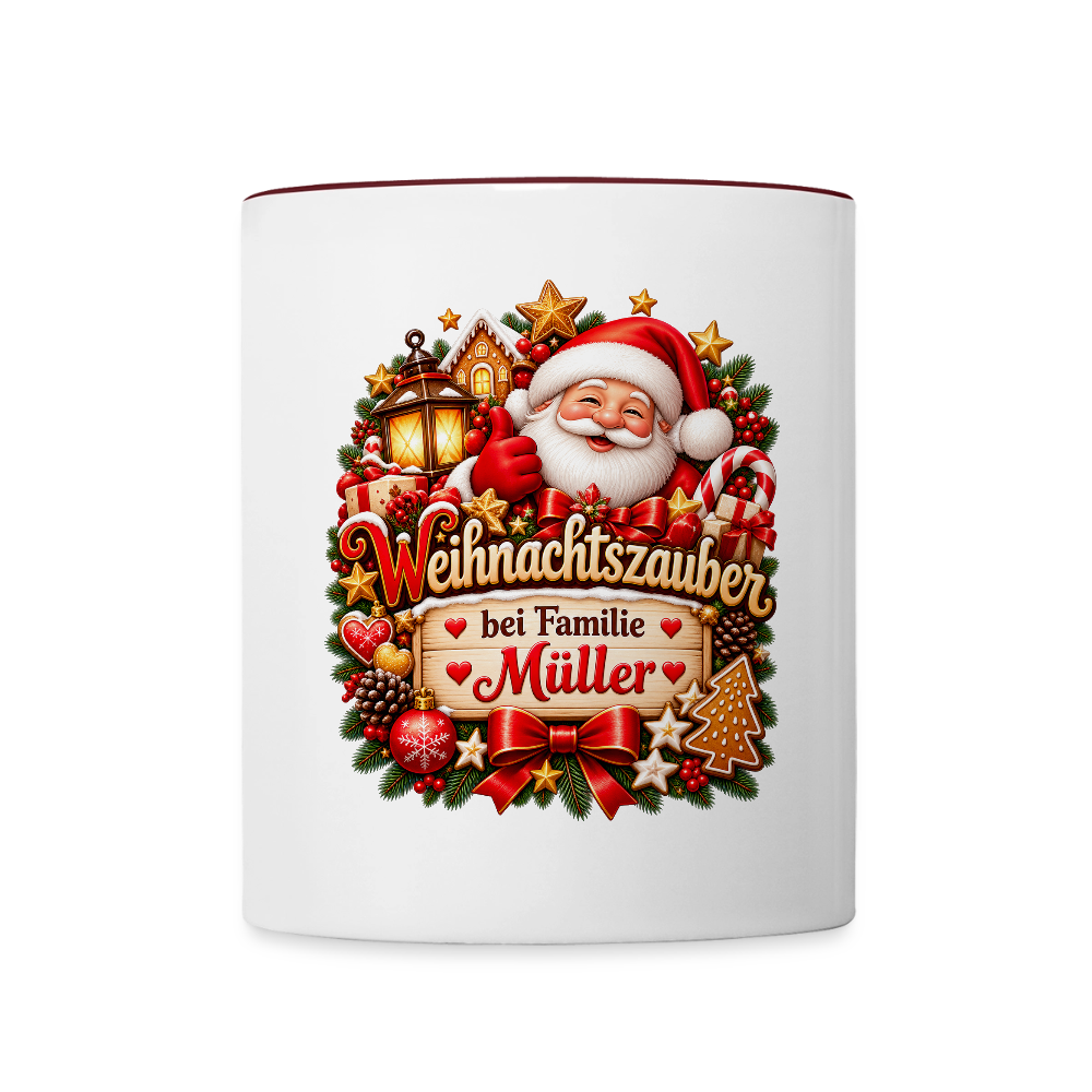 Weihnachtstasse 🎄 Weihnachtszauber bei Familie Müller – Tasse zweifarbig personalisiert - Weiß/Rotbraun