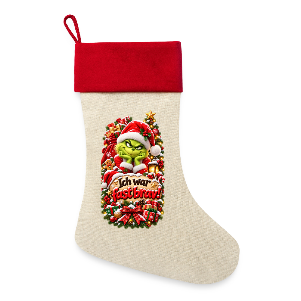 Leinen Weihnachtsstrumpf – Ich war fast brav! | Lustiger Nikolausstrumpf zum Befüllen - Natur/Rot 