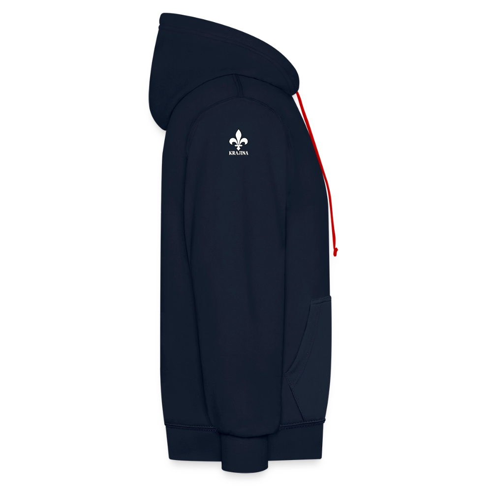AWDis Just Hoods Kontrast-Hoodie Unisex – KRAJINA mit bosnischen Lilien | Brust- & Schulterprint - Navy/Rot