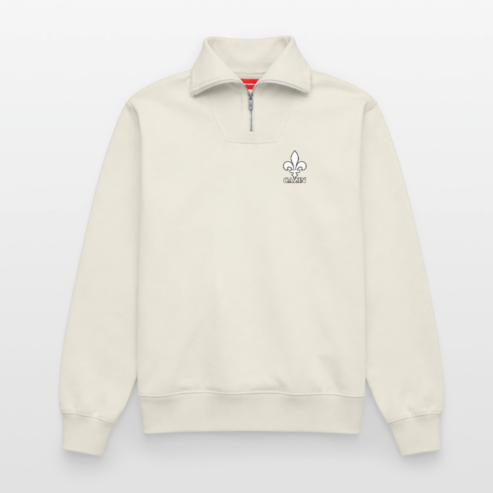 CAZIN Premium Half-Zip Hoodie – Bosnische Lilie auf Brust & Ärmeln | SPREAD - Naturweiß