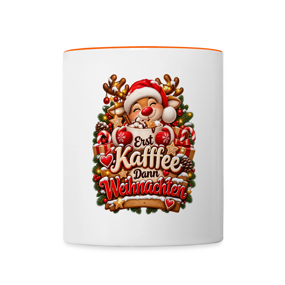 Weihnachtstasse 🎄 Erst Kaffee, dann Weihnachten – Lustige Kaffeetasse 325 ml - Weiß/Orange