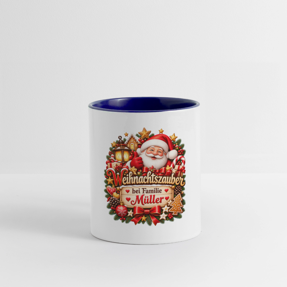 Weihnachtstasse 🎄 Weihnachtszauber bei Familie Müller – Tasse zweifarbig personalisiert - Weiß/Kobaltblau