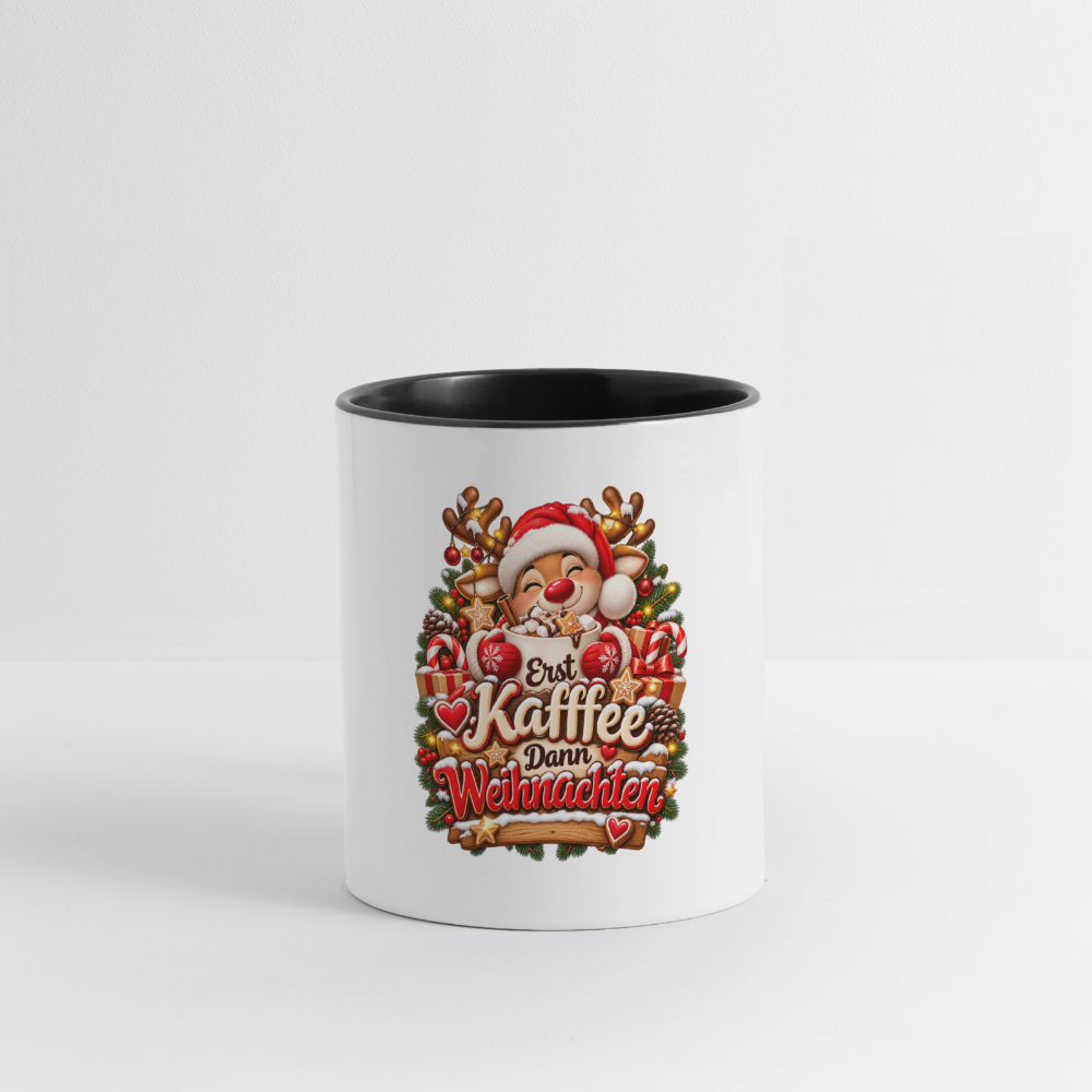 Weihnachtstasse 🎄 Erst Kaffee, dann Weihnachten – Lustige Kaffeetasse 325 ml - Weiß/Schwarz