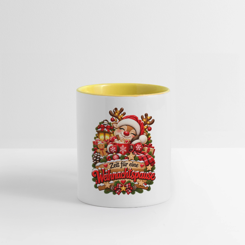 Weihnachtstasse 🎄 Zeit für eine Weihnachtspause – Rentier Kaffeetasse 325 ml - Weiß/Gelb
