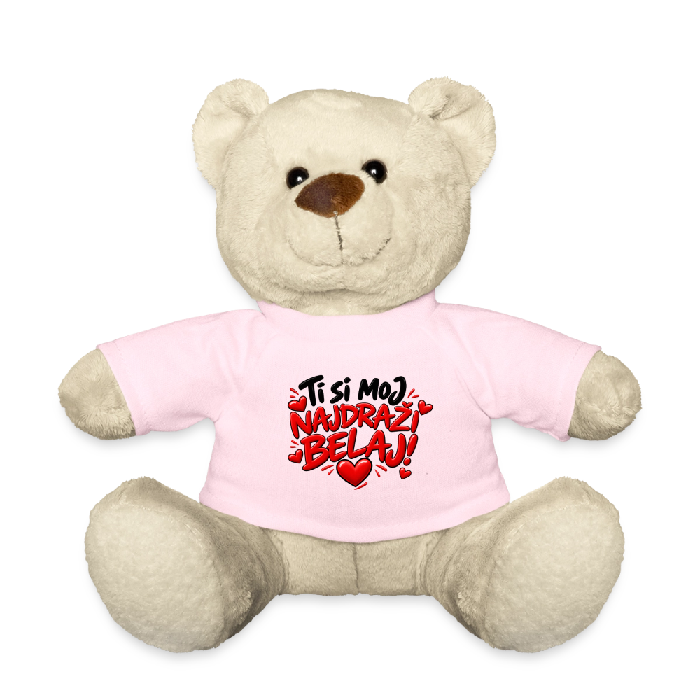Kuschelteddy mit „Ti si moj najdrazi belaj“ Design – Süßer Liebesbär mit T-Shirt - Hellrosa