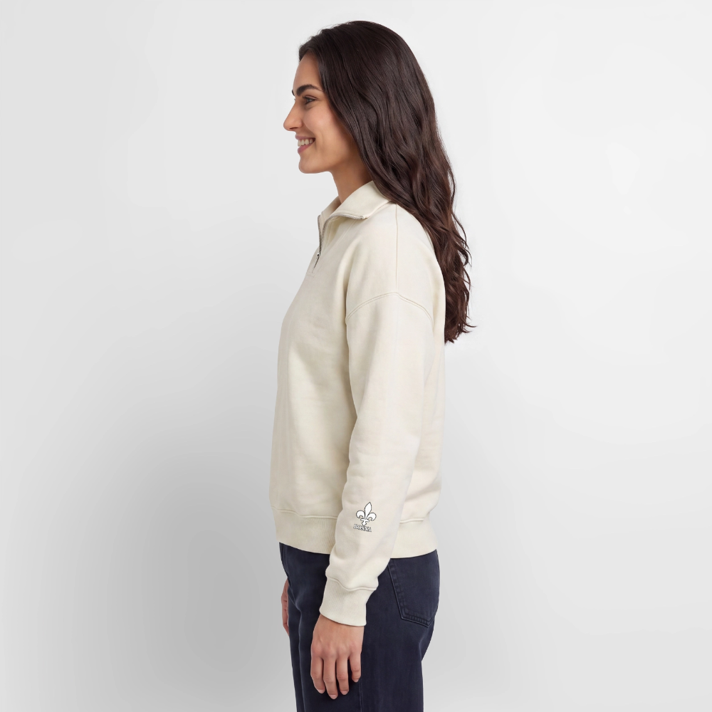 BOSNA Premium Organic Half-Zip Sweatshirt – SPREAD | Lilie auf Brust & Ärmeln - Naturweiß