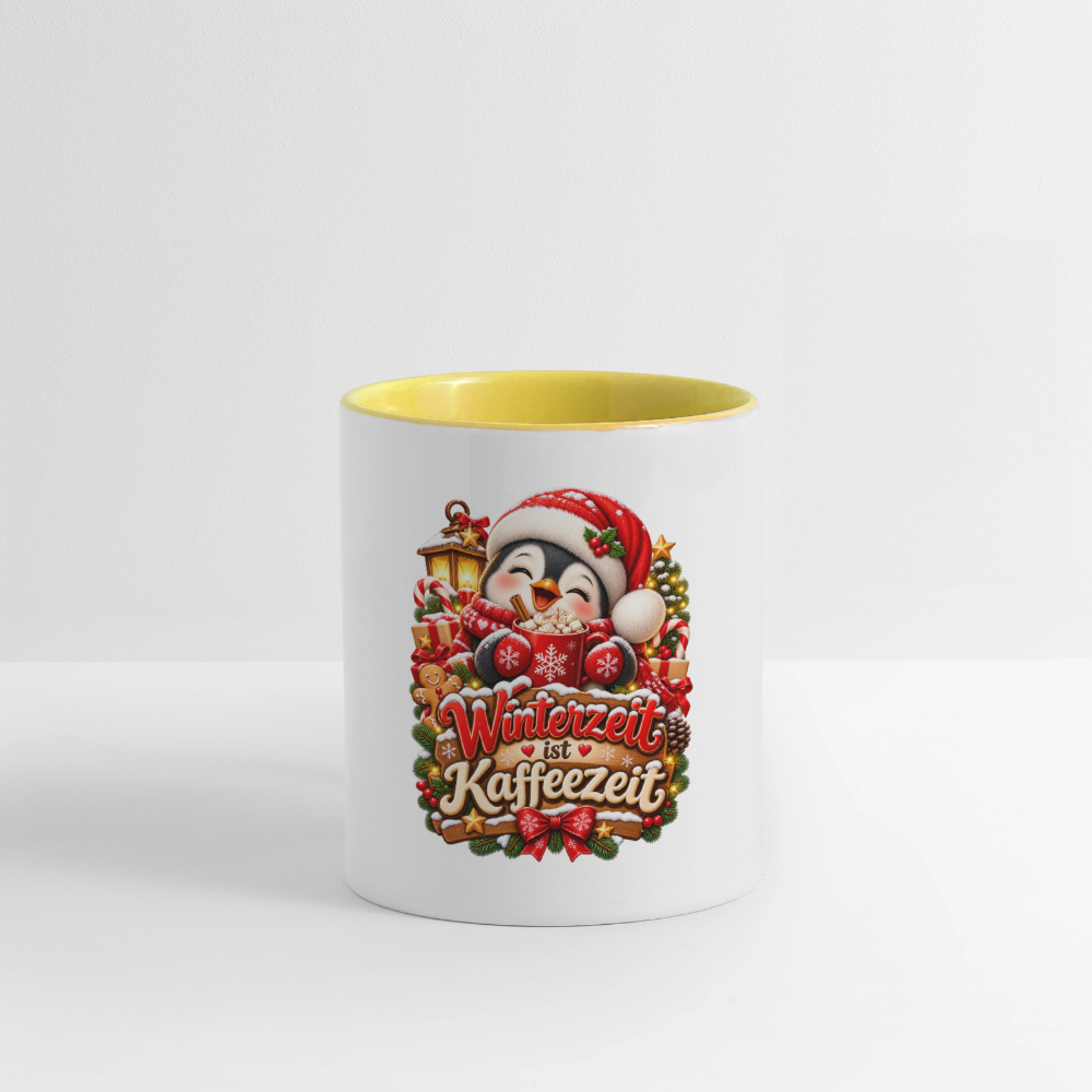 Wintertasse ❄️ Winterzeit ist Kaffeezeit – Süße Pinguin Kaffeetasse 325 ml - Weiß/Gelb