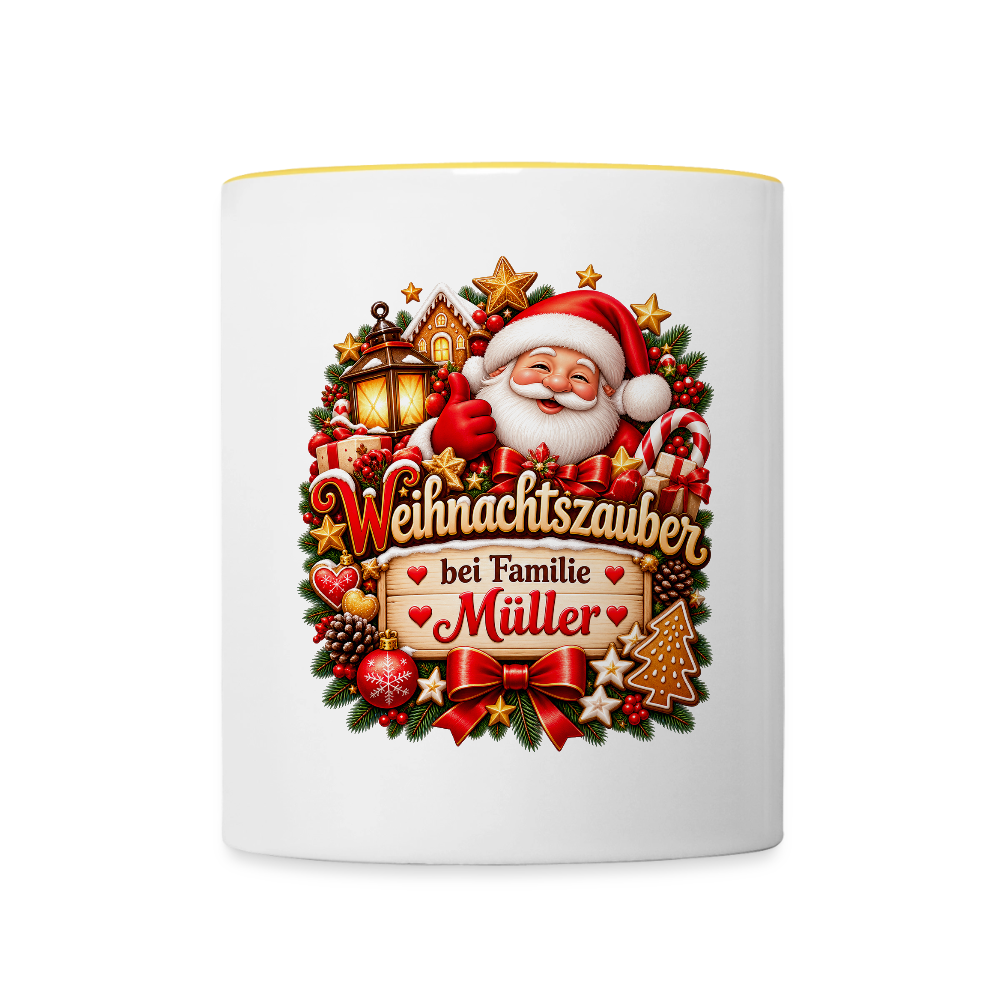 Weihnachtstasse 🎄 Weihnachtszauber bei Familie Müller – Tasse zweifarbig personalisiert - Weiß/Gelb