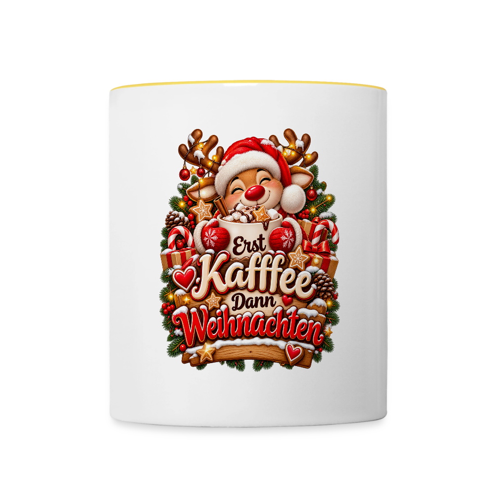Weihnachtstasse 🎄 Erst Kaffee, dann Weihnachten – Lustige Kaffeetasse 325 ml - Weiß/Gelb