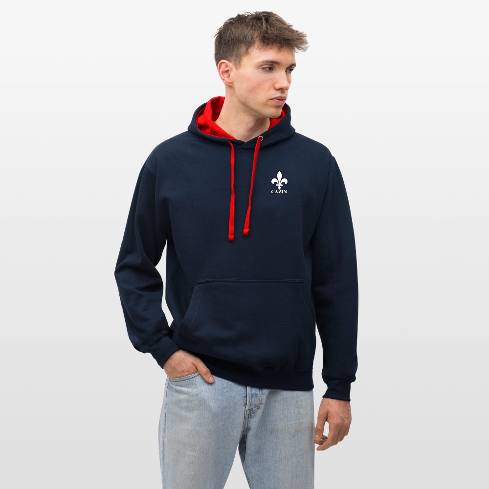 AWDis Just Hoods Kontrast-Hoodie Unisex – CAZIN mit bosnischen Lilien | Brust- & Schulterprint - Navy/Rot