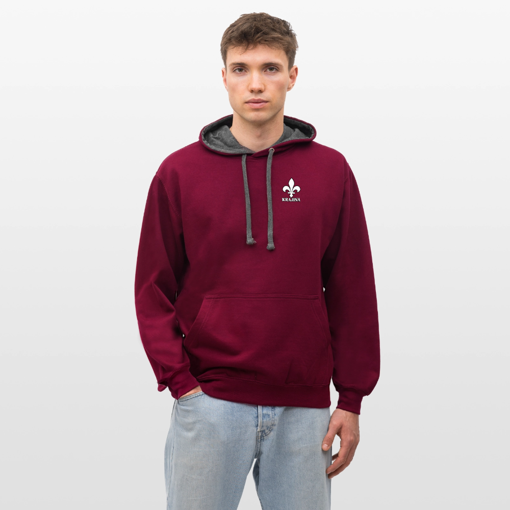 AWDis Just Hoods Kontrast-Hoodie Unisex – KRAJINA mit bosnischen Lilien | Brust- & Schulterprint - Weinrot/Anthrazit