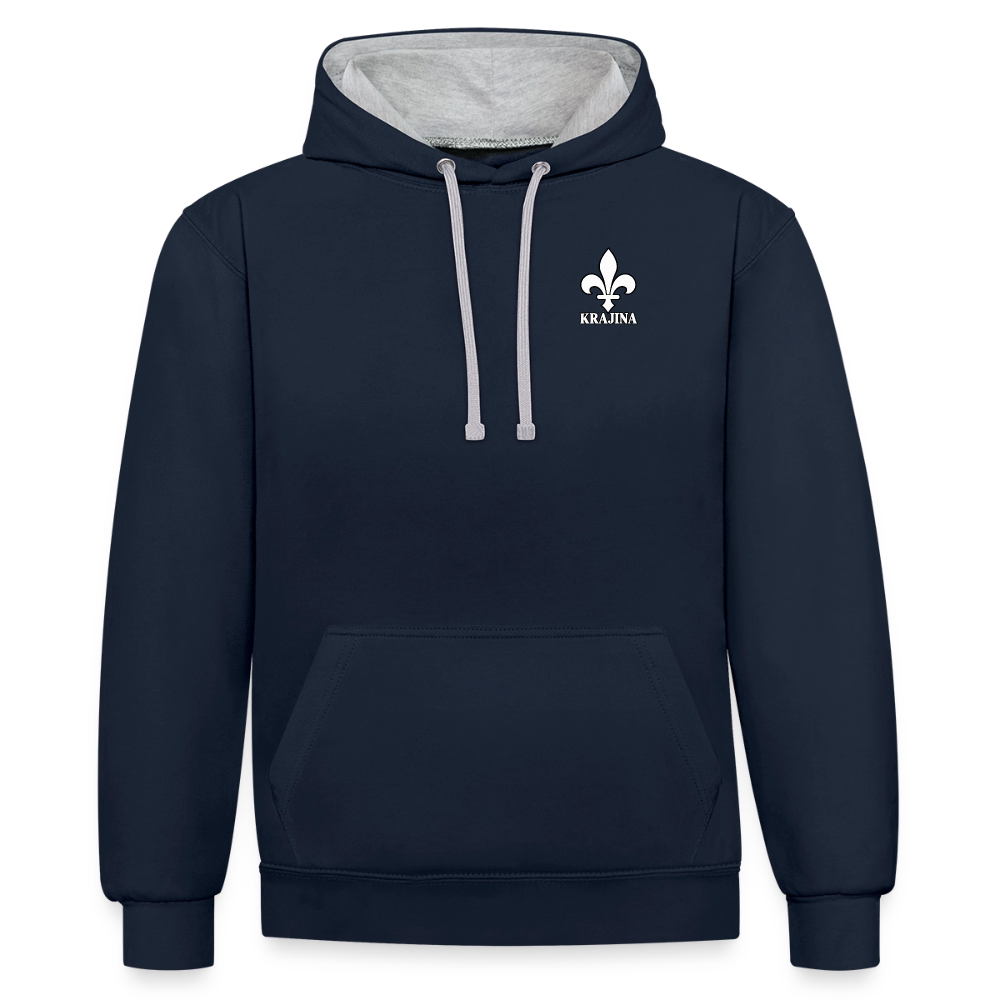 AWDis Just Hoods Kontrast-Hoodie Unisex – KRAJINA mit bosnischen Lilien | Brust- & Schulterprint - Navy/Grau meliert