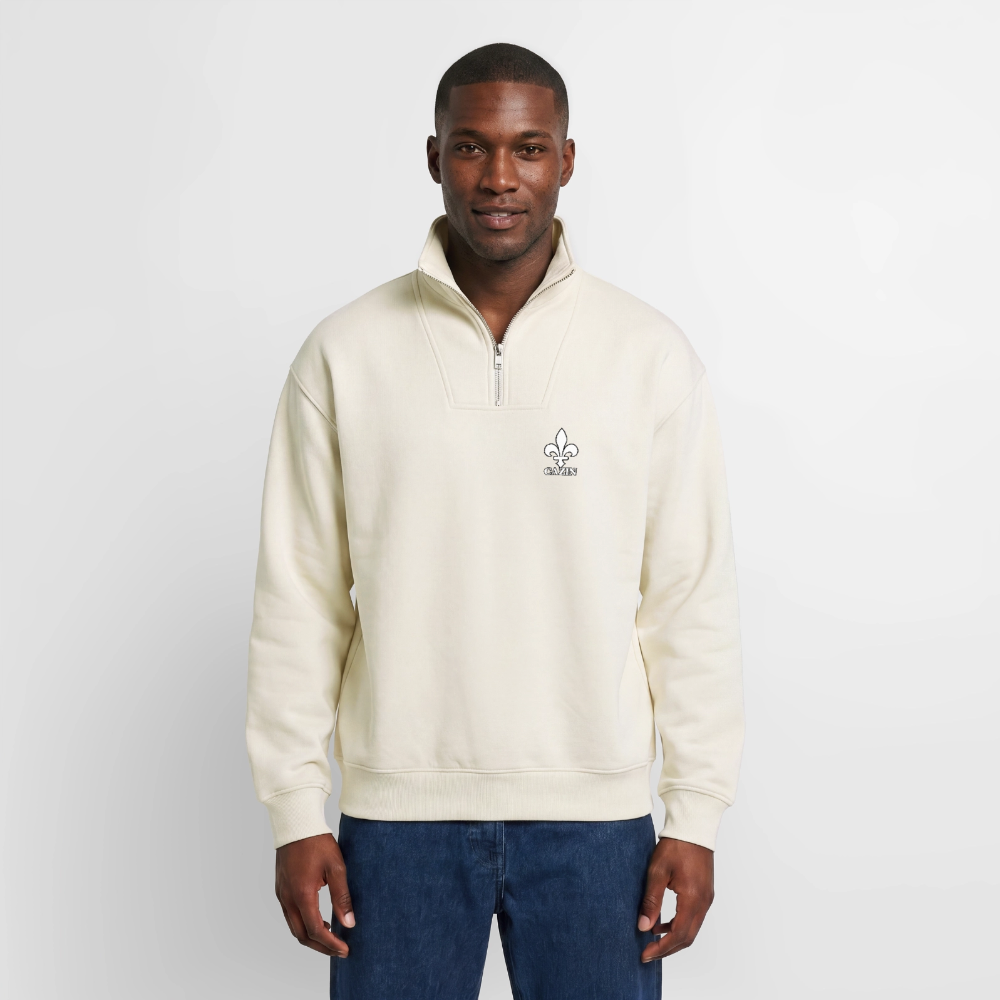 CAZIN Premium Half-Zip Hoodie – Bosnische Lilie auf Brust & Ärmeln | SPREAD - Naturweiß