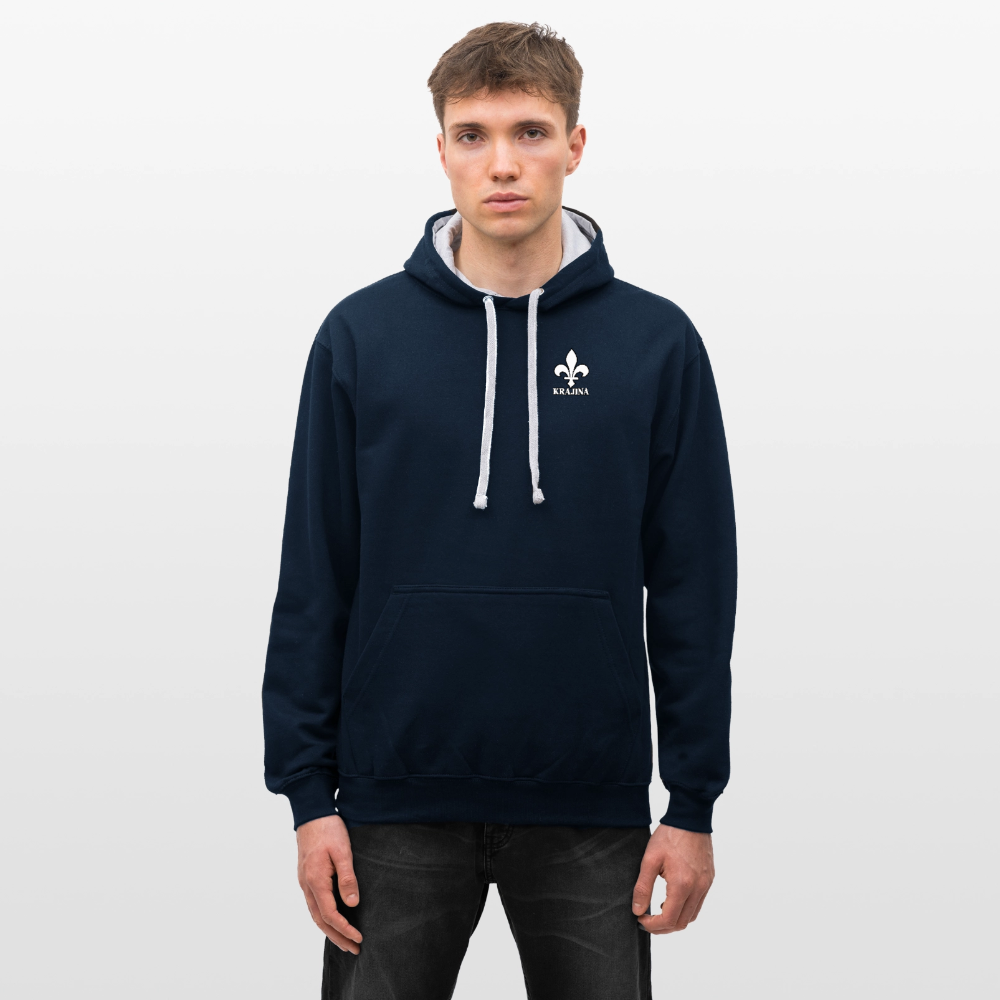 AWDis Just Hoods Kontrast-Hoodie Unisex – KRAJINA mit bosnischen Lilien | Brust- & Schulterprint - Navy/Grau meliert