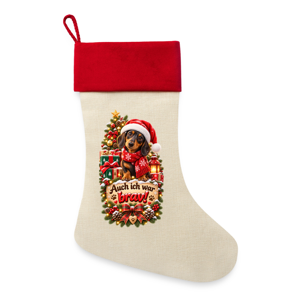 Leinen Weihnachtsstrumpf – Auch ich war brav! | Süßer Dackel | Weihnachtsgeschenk für Hundefans - Natur/Rot 