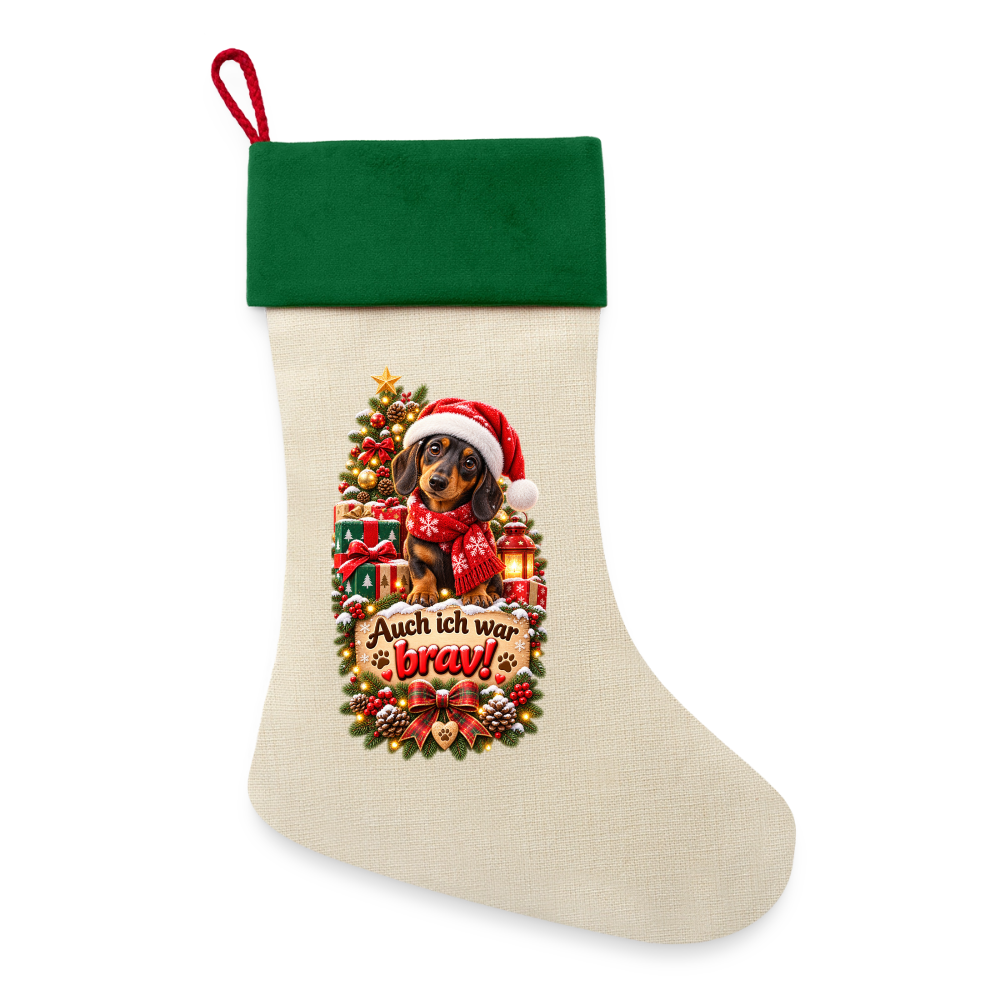 Leinen Weihnachtsstrumpf – Auch ich war brav! | Süßer Dackel | Weihnachtsgeschenk für Hundefans - Natur/Grün