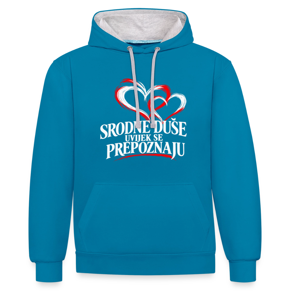 Kontrast-Hoodie - Srodne duse uvijek se prepoznaju - Pfauenblau/Grau meliert