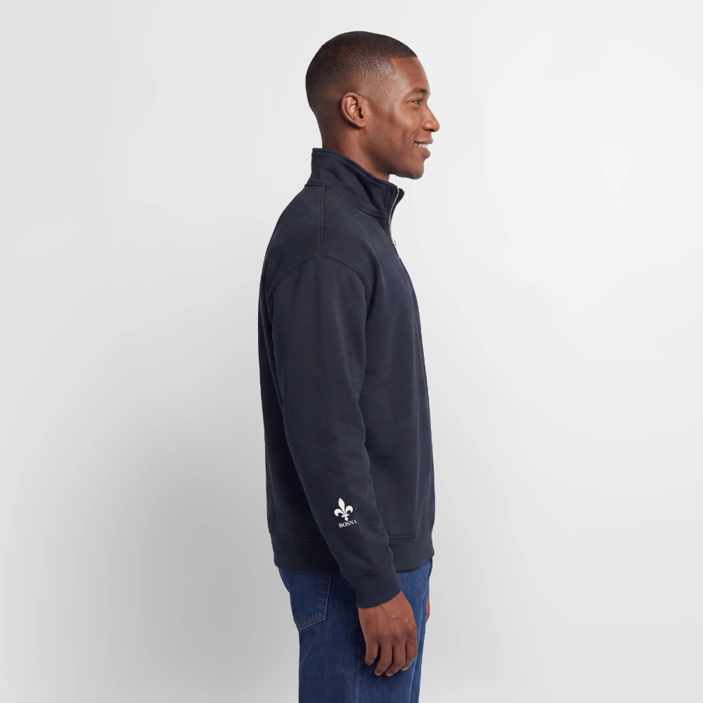 BOSNA Premium Organic Half-Zip Sweatshirt – SPREAD | Lilie auf Brust & Ärmeln - Navy