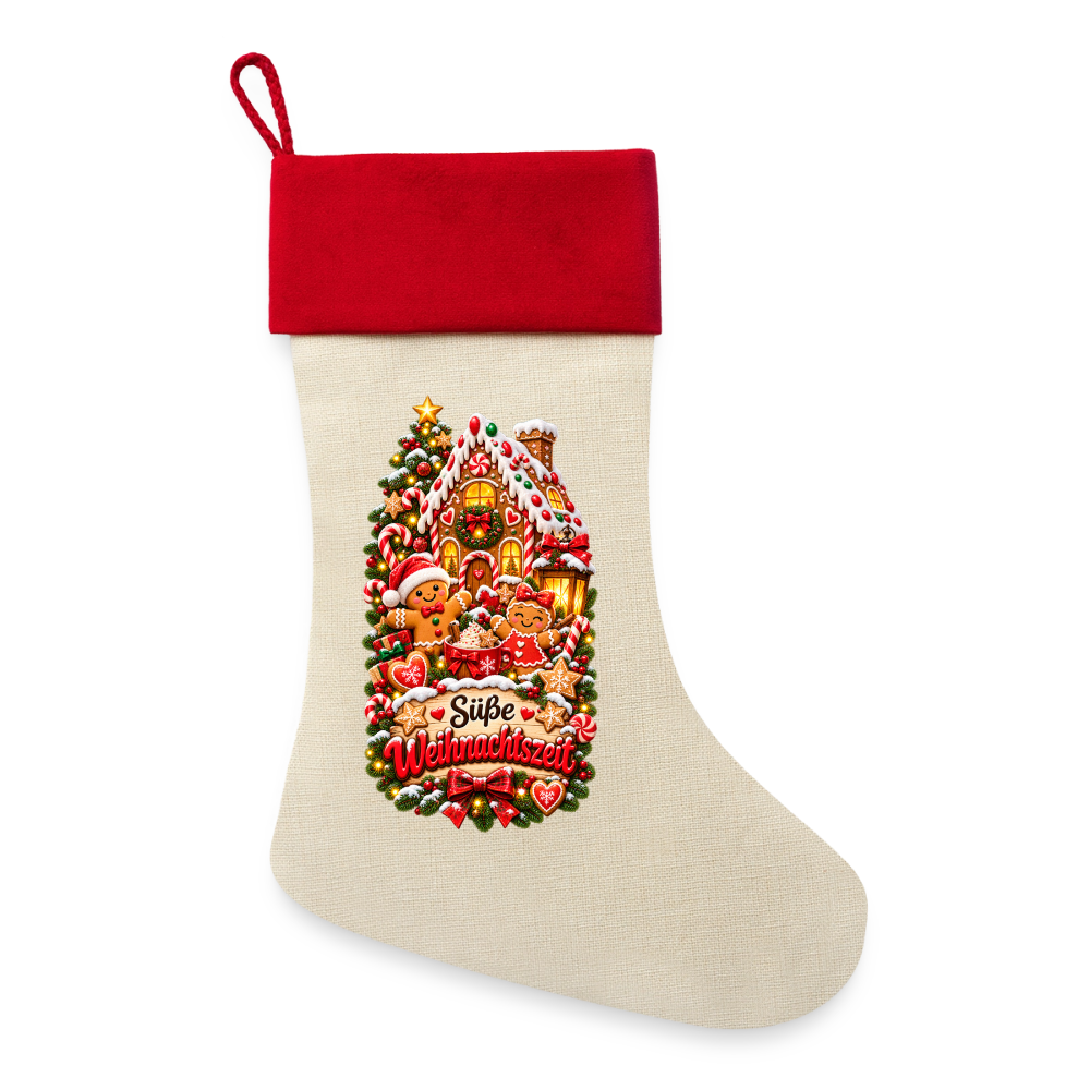 Leinen Weihnachtsstrumpf – Süße Weihnachtszeit | Lebkuchen Motiv | Zum Befüllen - Natur/Rot 