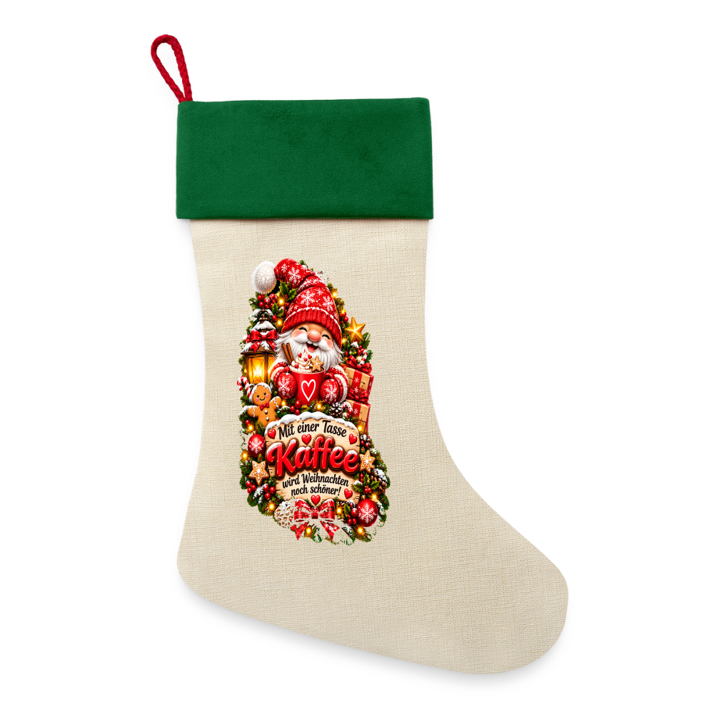 Leinen Weihnachtsstrumpf 🎄 Mit einer Tasse Kaffee wird Weihnachten noch schöner – Zum Befüllen - Natur/Grün