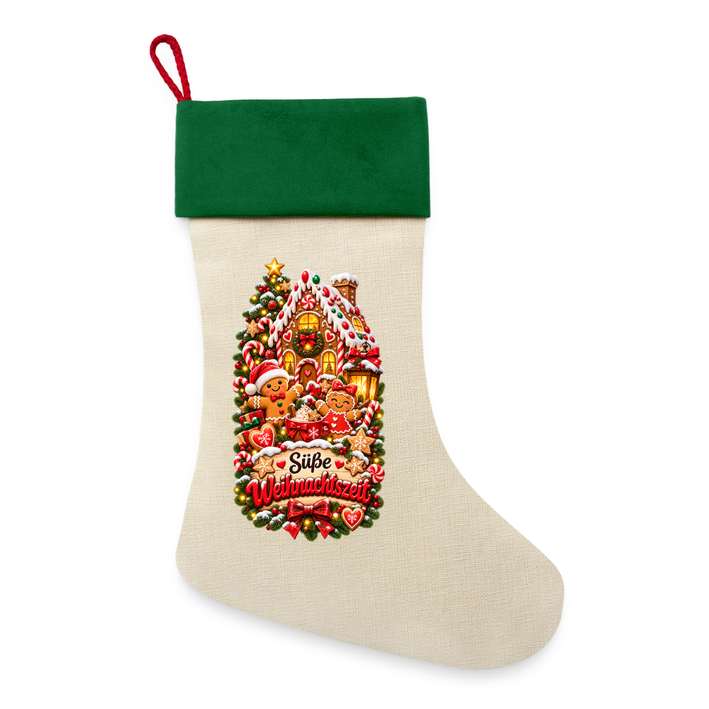 Leinen Weihnachtsstrumpf – Weihnachten ist Familienzeit | Nostalgisches Weihnachtsmotiv | Zum Befüllen - Natur/Grün