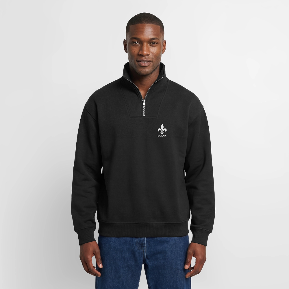BOSNA Premium Organic Half-Zip Sweatshirt – SPREAD | Lilie auf Brust & Ärmeln - Schwarz