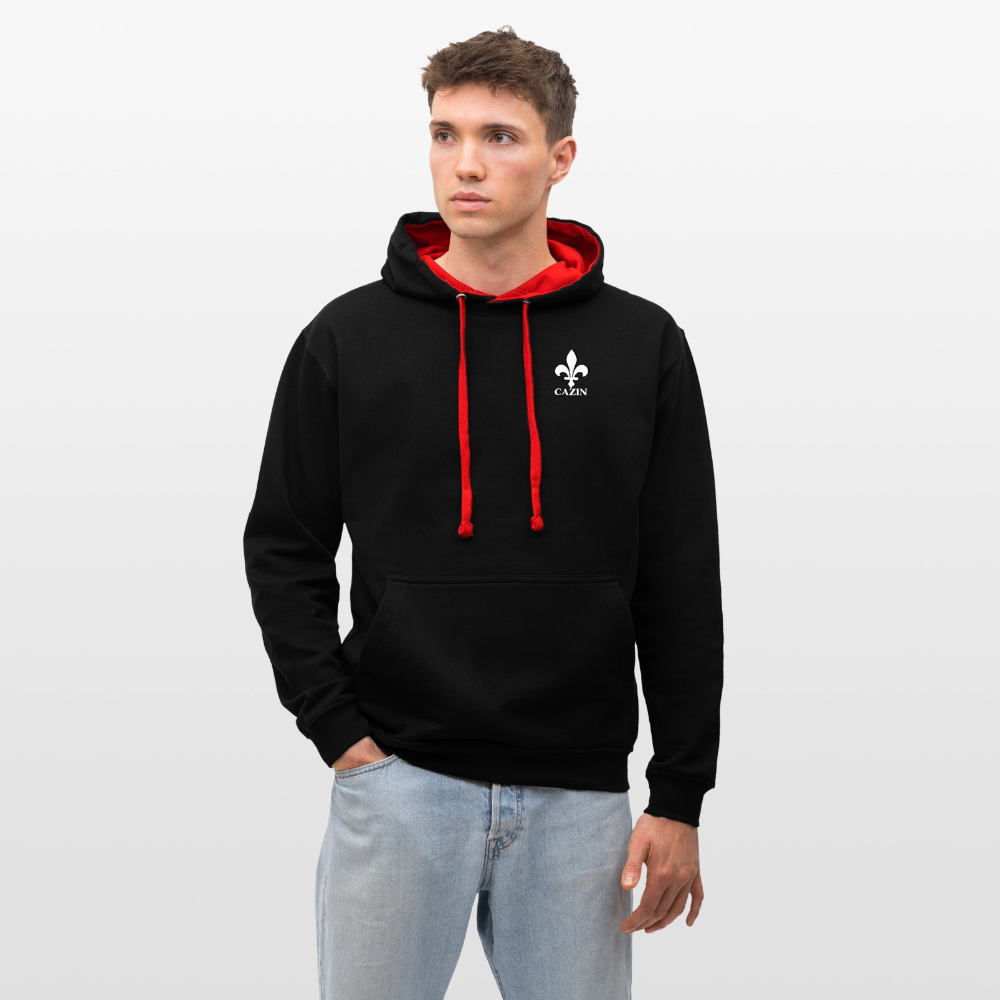 AWDis Just Hoods Kontrast-Hoodie Unisex – CAZIN mit bosnischen Lilien | Brust- & Schulterprint - Schwarz/Rot