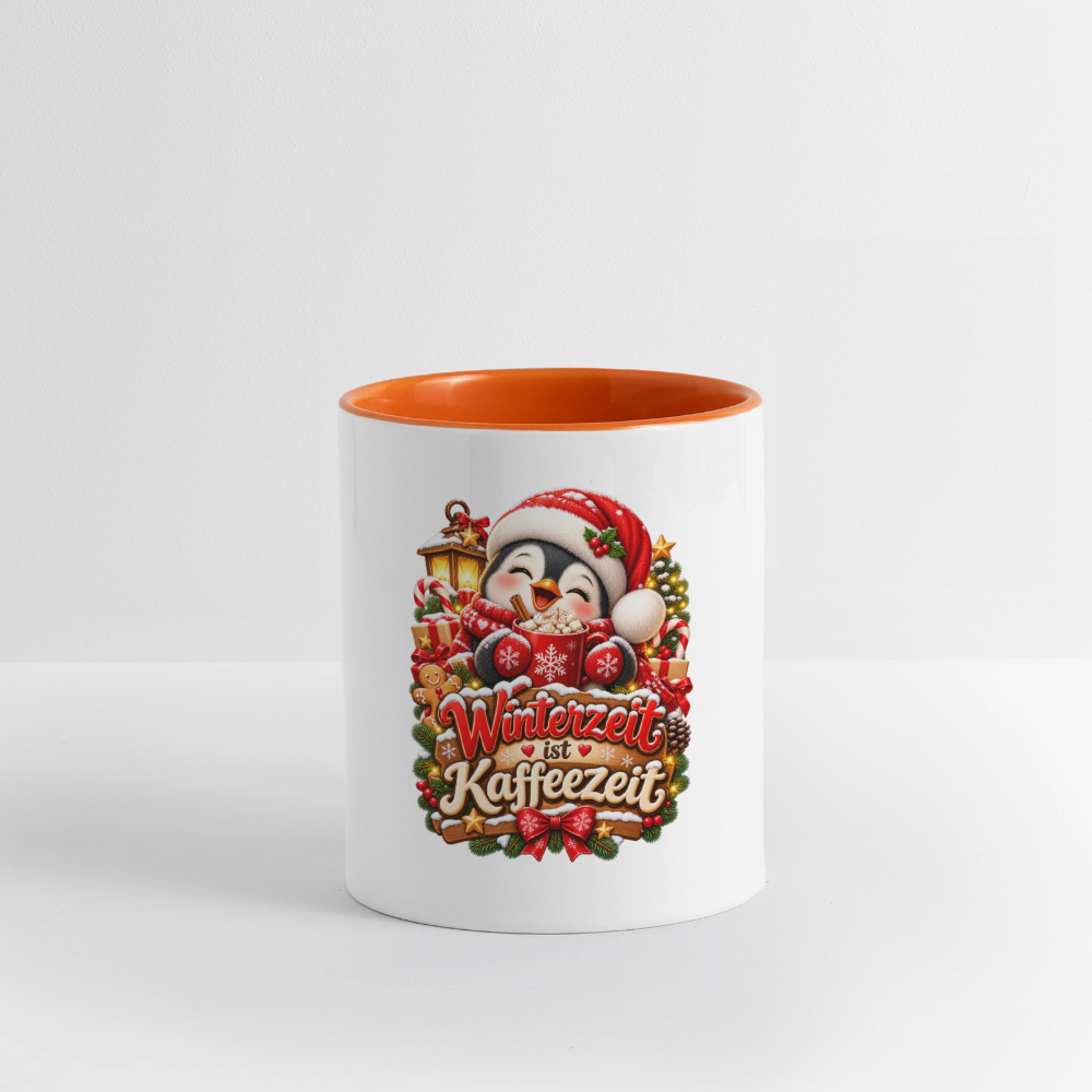 Wintertasse ❄️ Winterzeit ist Kaffeezeit – Süße Pinguin Kaffeetasse 325 ml - Weiß/Orange