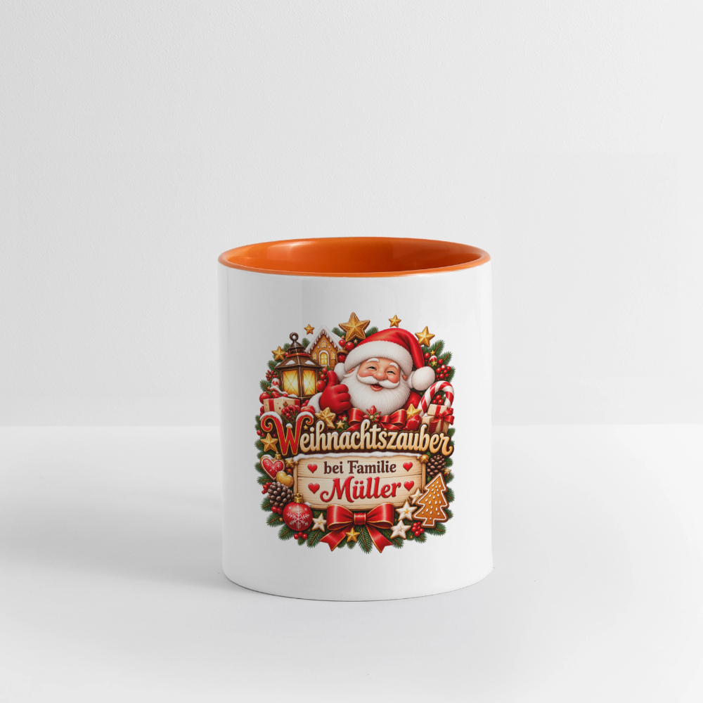 Weihnachtstasse 🎄 Weihnachtszauber bei Familie Müller – Tasse zweifarbig personalisiert - Weiß/Orange
