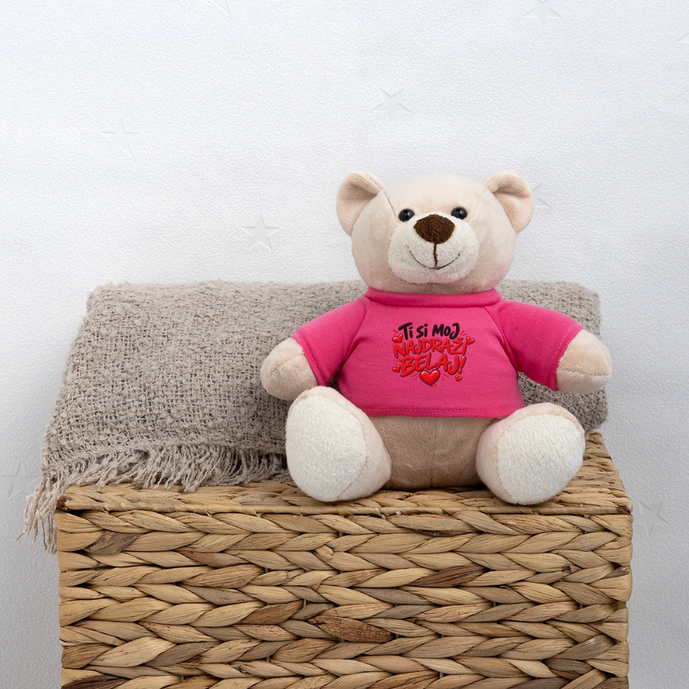 Kuschelteddy mit „Ti si moj najdrazi belaj“ Design – Süßer Liebesbär mit T-Shirt - Pink