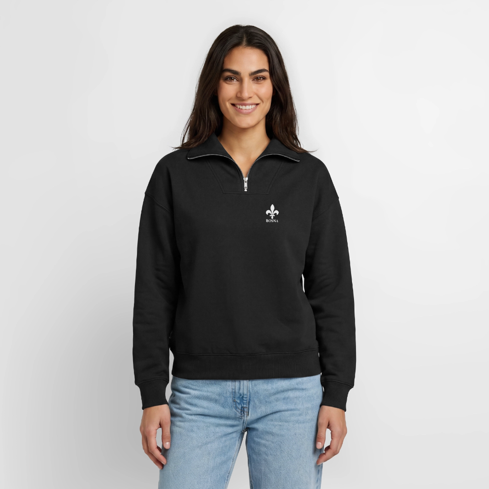 BOSNA Premium Organic Half-Zip Sweatshirt – SPREAD | Lilie auf Brust & Ärmeln - Schwarz