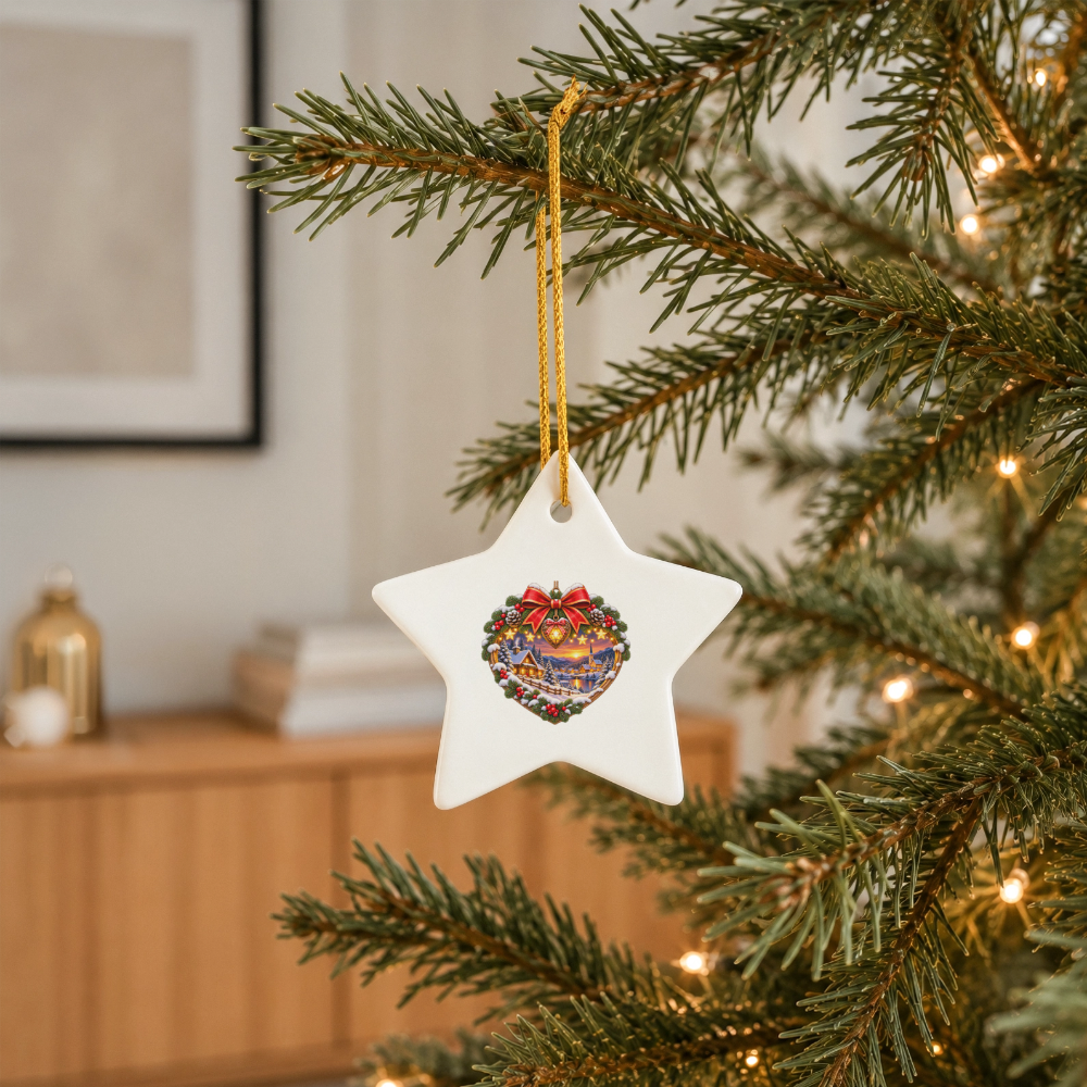 Keramik-Stern Weihnachtsanhänger – Weihnachtszauber im Herzen | Romantisches Winterdorf - Weiß