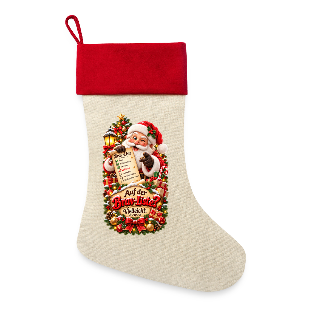 Leinen Weihnachtsstrumpf – Auf der Brav-Liste? Vielleicht. | Lustiger Nikolausstrumpf - Natur/Rot 