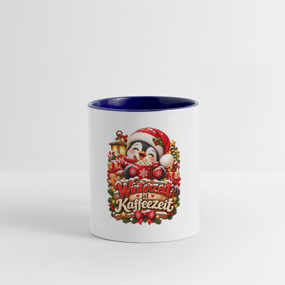 Wintertasse ❄️ Winterzeit ist Kaffeezeit – Süße Pinguin Kaffeetasse 325 ml - Weiß/Kobaltblau