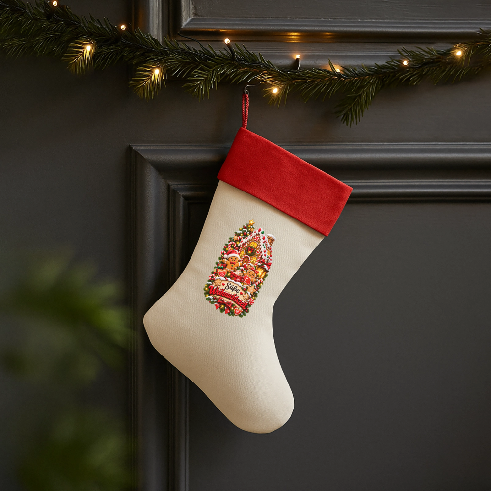 Leinen Weihnachtsstrumpf – Süße Weihnachtszeit | Lebkuchen Motiv | Zum Befüllen - Natur/Rot 