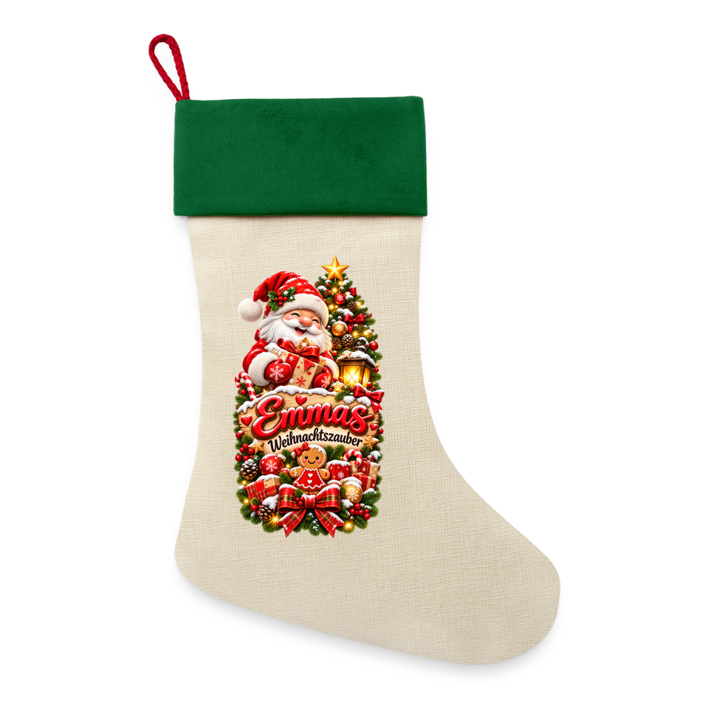 Leinen Weihnachtsstrumpf 🎄 Weihnachtszauber – Personalisiert mit Wunschname | Zum Befüllen - Natur/Grün
