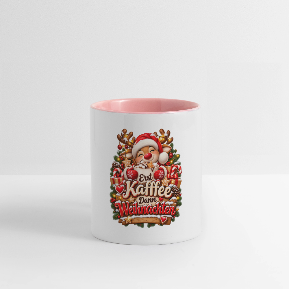 Weihnachtstasse 🎄 Erst Kaffee, dann Weihnachten – Lustige Kaffeetasse 325 ml - Weiß/Pink
