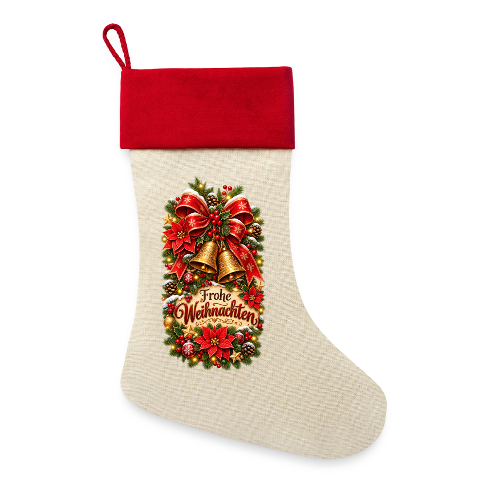 Leinen Weihnachtsstrumpf – Frohe Weihnachten | Elegantes Weihnachtsmotiv mit Glocken - Natur/Rot 