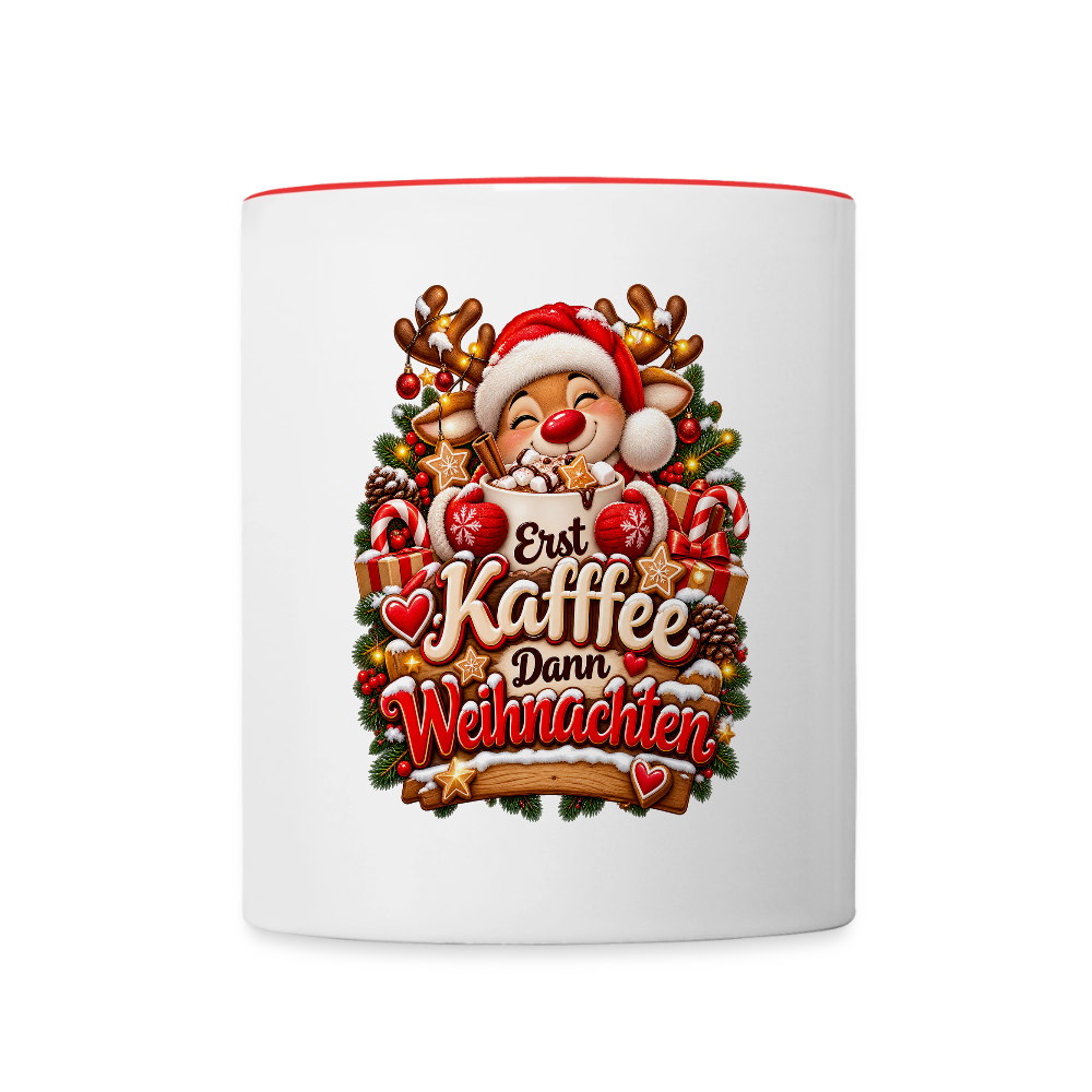 Weihnachtstasse 🎄 Erst Kaffee, dann Weihnachten – Lustige Kaffeetasse 325 ml - Weiß/Rot