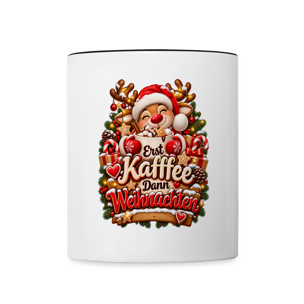 Weihnachtstasse 🎄 Erst Kaffee, dann Weihnachten – Lustige Kaffeetasse 325 ml - Weiß/Schwarz