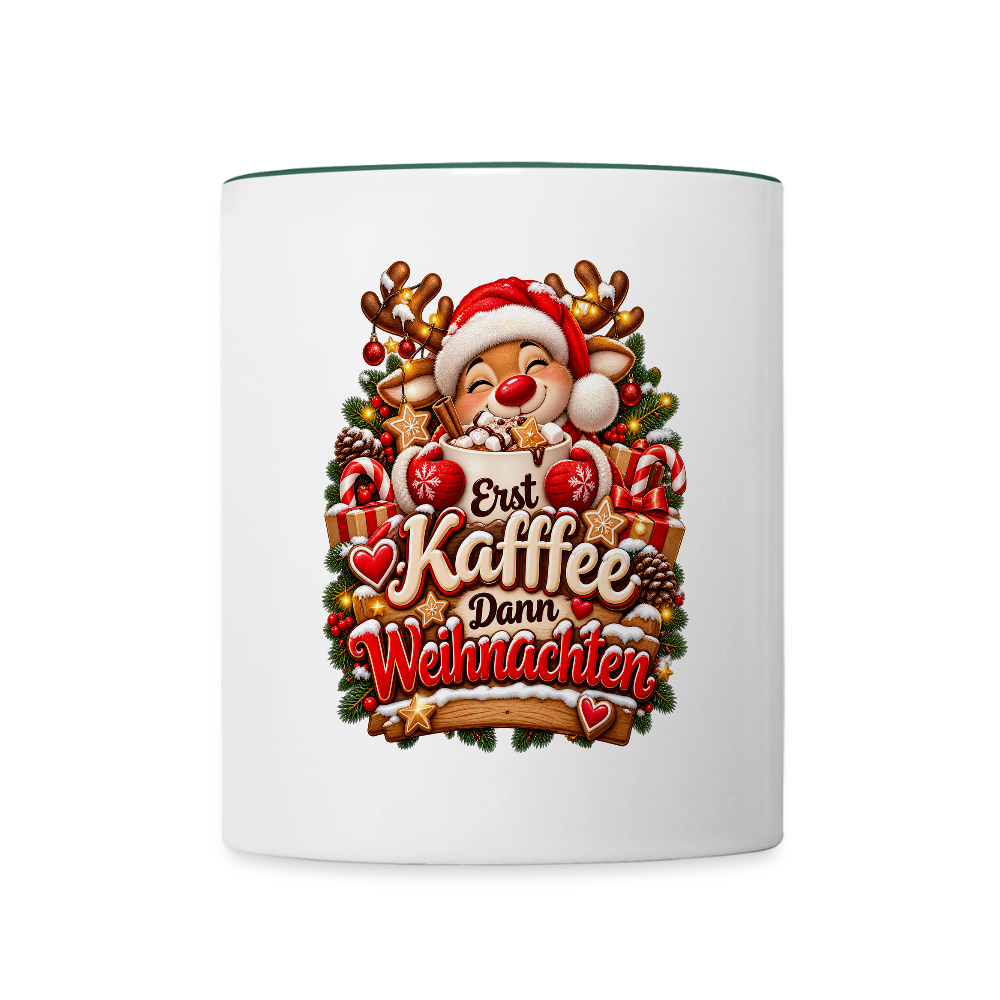 Weihnachtstasse 🎄 Erst Kaffee, dann Weihnachten – Lustige Kaffeetasse 325 ml - Weiß/Dunkelgrün