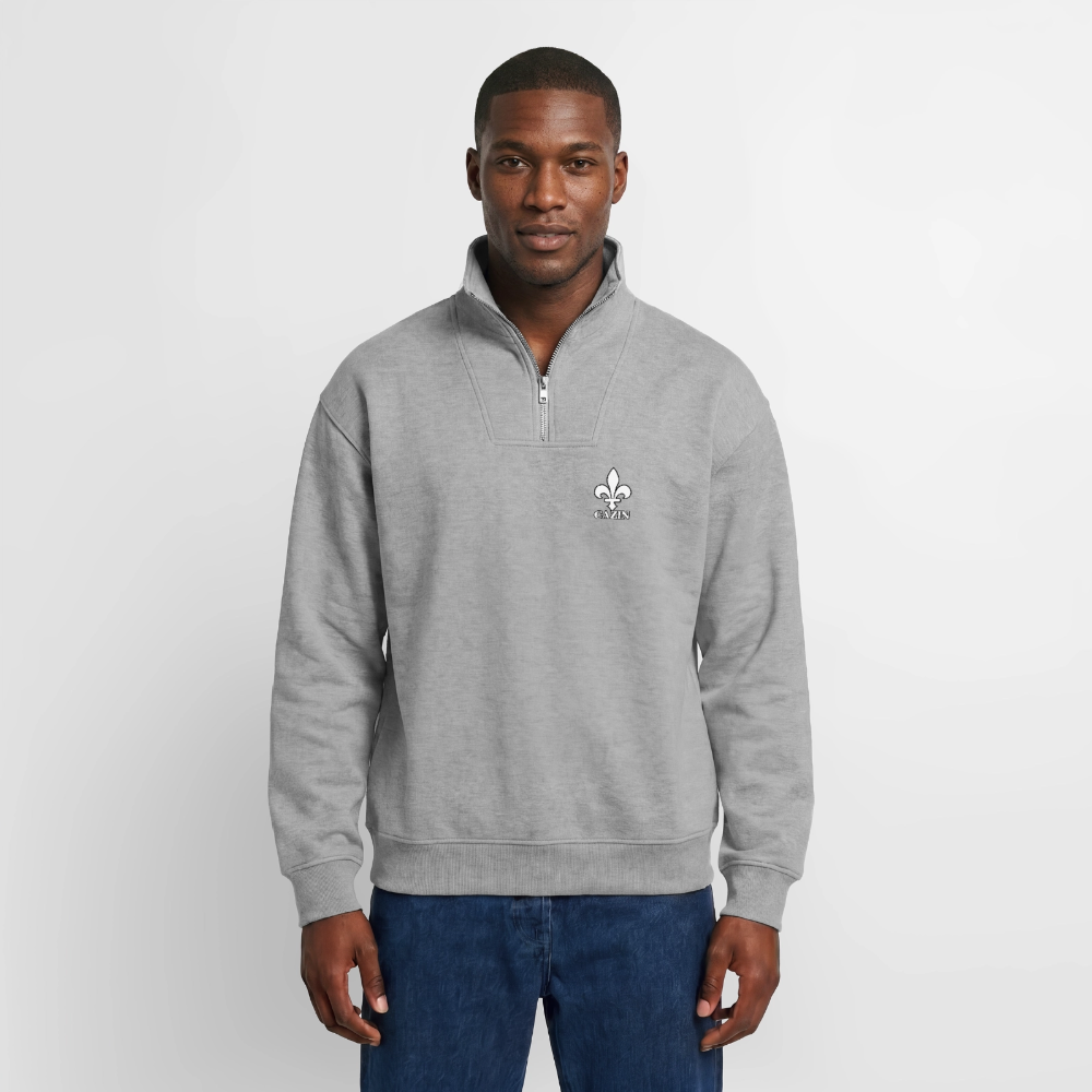 CAZIN Premium Half-Zip Hoodie – Bosnische Lilie auf Brust & Ärmeln | SPREAD - Grau meliert