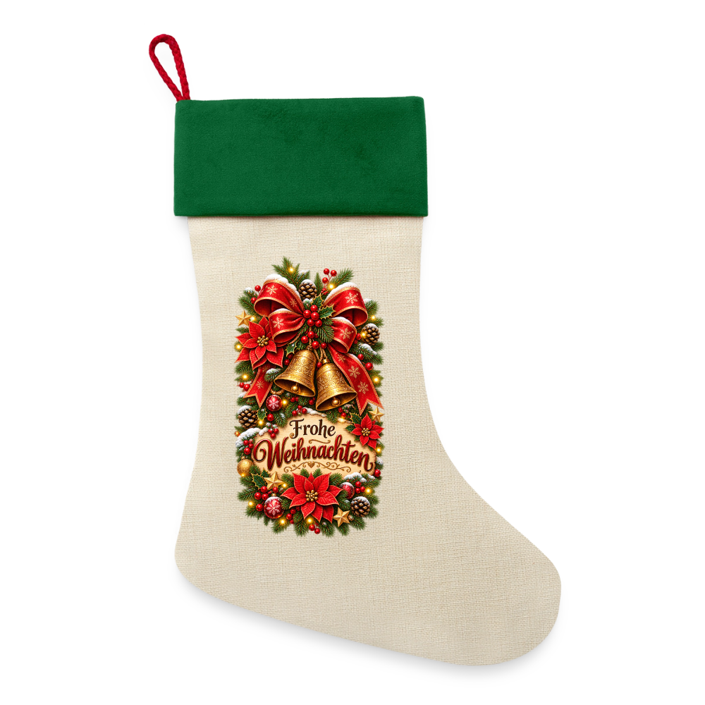 Leinen Weihnachtsstrumpf – Frohe Weihnachten | Elegantes Weihnachtsmotiv mit Glocken - Natur/Grün