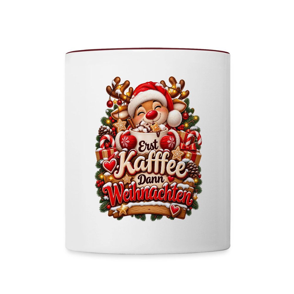 Weihnachtstasse 🎄 Erst Kaffee, dann Weihnachten – Lustige Kaffeetasse 325 ml - Weiß/Rotbraun